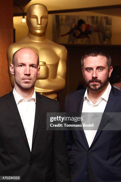 Nominees Richard Rowley and Jeremy Scahill attend the 86th Annual Academy Awards Documentaries held at the AMPAS Samuel Goldwyn Theater on February...