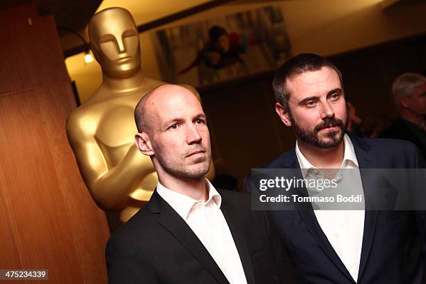 Nominees Richard Rowley and Jeremy Scahill attend the 86th Annual Academy Awards Documentaries held at the AMPAS Samuel Goldwyn Theater on February...