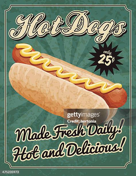 vintage hot-dog-poster - hotdog stock-grafiken, -clipart, -cartoons und -symbole