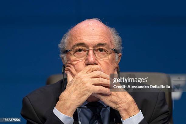 President Joseph S. Blatter talks to the press during the FIFA Post Congress Week Press Conference at the Home of FIFA on May 30, 2015 in Zurich,...