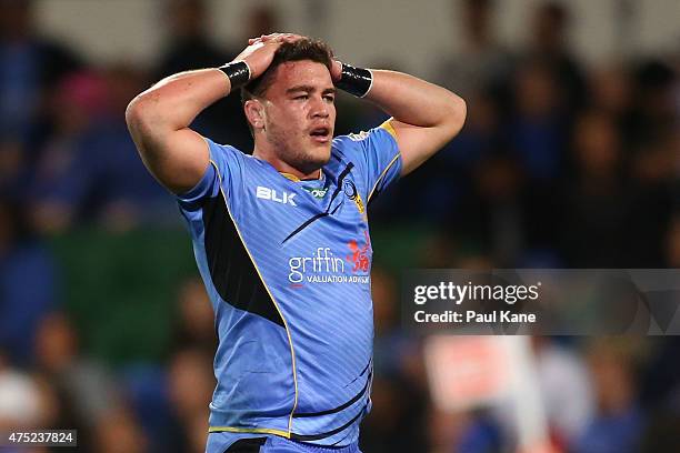 Kane Koteka of the Force looks on during the round 16 Super Rugby match between the Western Force and the Queensland Reds at nib Stadium on May 30,...