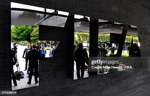 Media gather prior to the post 65th FIFA Congress press conference at FIFA Headquarters on May 30, 2015 in Zurich, Switzerland.