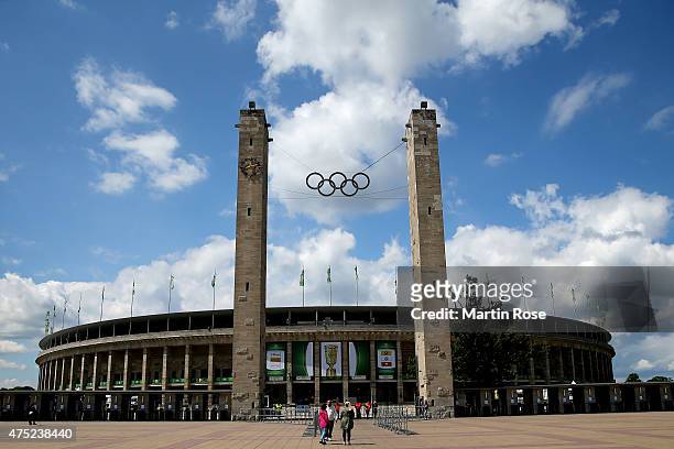 General view of the Olympiastadion prior to the DFB Cup Final 2015 between Borussia Dortmund and VfL Wolfsburg at Olympiastadion on May 30, 2015 in...