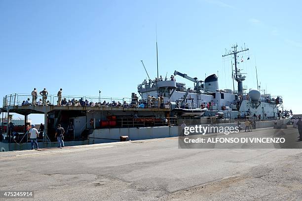 The Godetia logistical support ship of the Belgian Navy is docked on May 30, 2015 upon its arrival in the port of Crotone in the Italian southern...