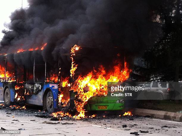 Public bus catches fire, killing five people and injuring 32 in the southwestern Chinese city of Guizhou province on February 27, 2014. The bus...