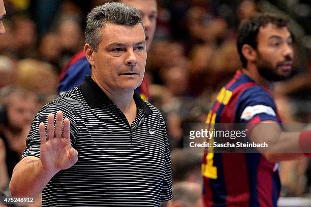 Head coach Xavier Pascual of Barcelona gestures during the "VELUX EHF FINAL4" semi final match FC Barcelona and KS Vive Tauron Kielce at Lanxess...