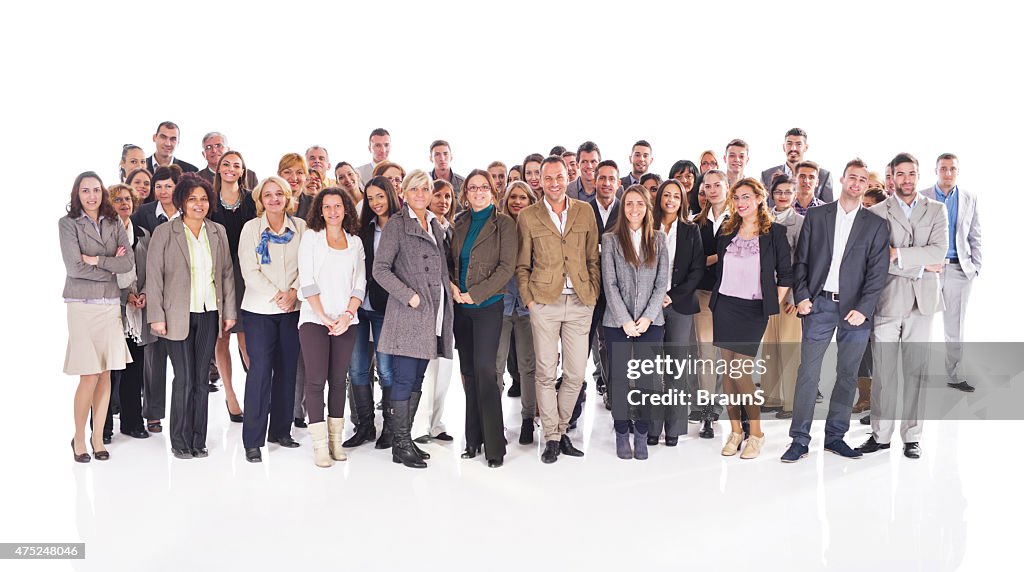 Crowd of happy business people isolated on white.