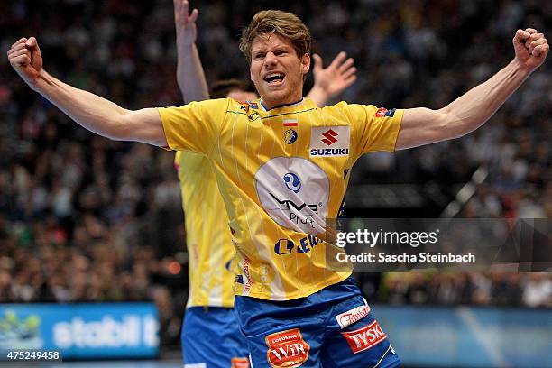 Tobias Reichmann of Kielce reacts during the "VELUX EHF FINAL4" semi final match FC Barcelona and KS Vive Tauron Kielce at Lanxess Arena on May 30,...