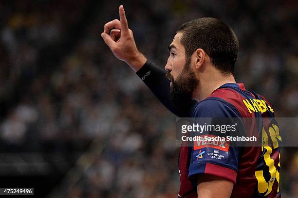 Nikola Karabatic of Barcelona gestures during the "VELUX EHF FINAL4" semi final match FC Barcelona and KS Vive Tauron Kielce at Lanxess Arena on May...