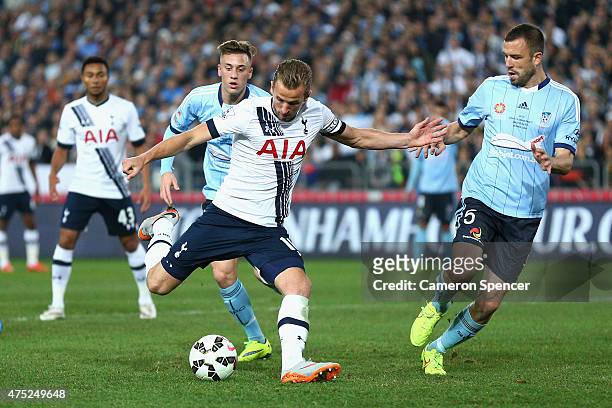 Harry Kane of Hotspur takes a shot at goal during the international friendly match between Sydney FC and Tottenham Spurs at ANZ Stadium on May 30,...