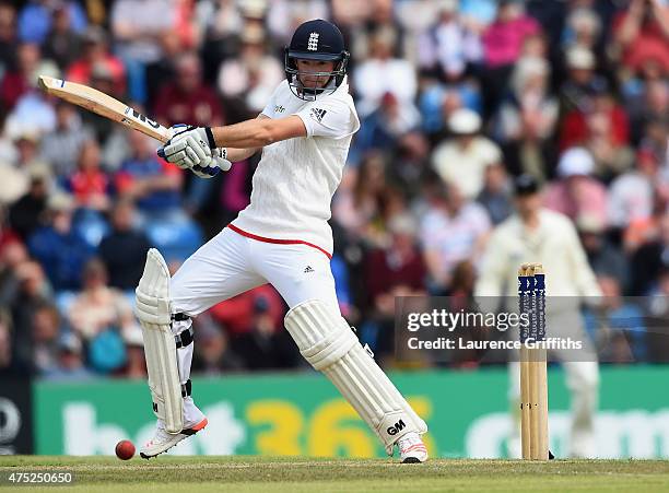 Adam Lyth of England smashes the ball to the boundary during day two of the 2nd Investec Test Match between England and New Zealand at Headingley on...
