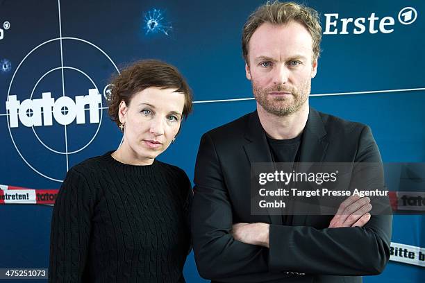 Meret Becker and Mark Waschke attend the presentation of the new Berlin Tatort Team at Soho House on February 27, 2014 in Berlin, Germany.