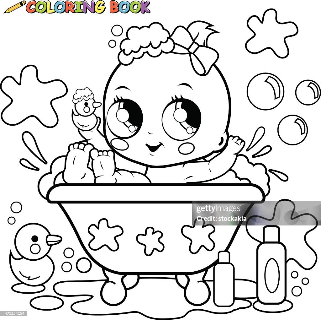 Baby girl taking a bath coloring page