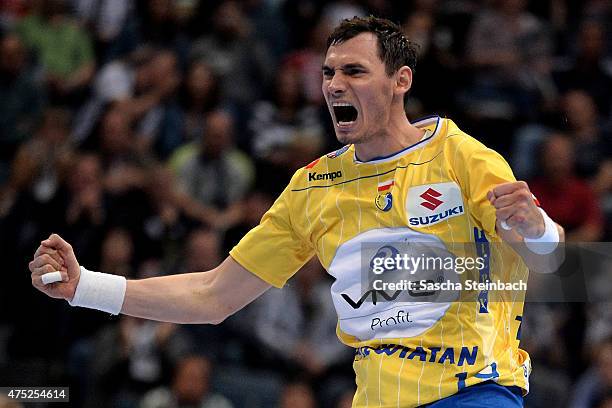 Krzysztof Lijewski of Kielce reacts during the "VELUX EHF FINAL4" semi final match FC Barcelona and KS Vive Tauron Kielce at Lanxess Arena on May 30,...