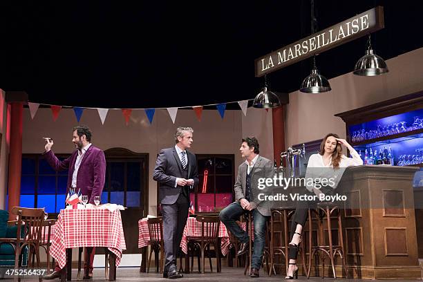 Philippe Lellouche, Christian Vadim, David Brcourt, Vanessa Demouy pose on the stage at Theatre Du Gymnase before L'Appel De Londres Theater play on...