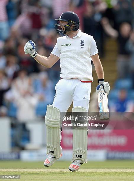 Adam Lyth of England celebrates reaching his century during day two of 2nd Investec Test match between England and New Zealand at Headingley on May...