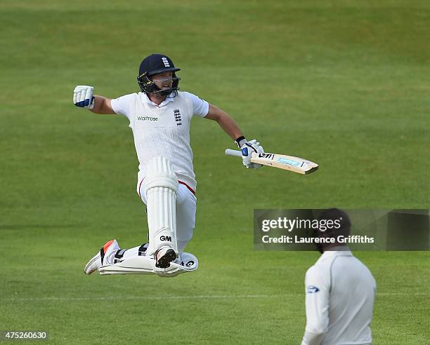 Adam Lyth of England jumps for joy as he celebrates his century during day two of the 2nd Investec Test Match between England and New Zealand at...