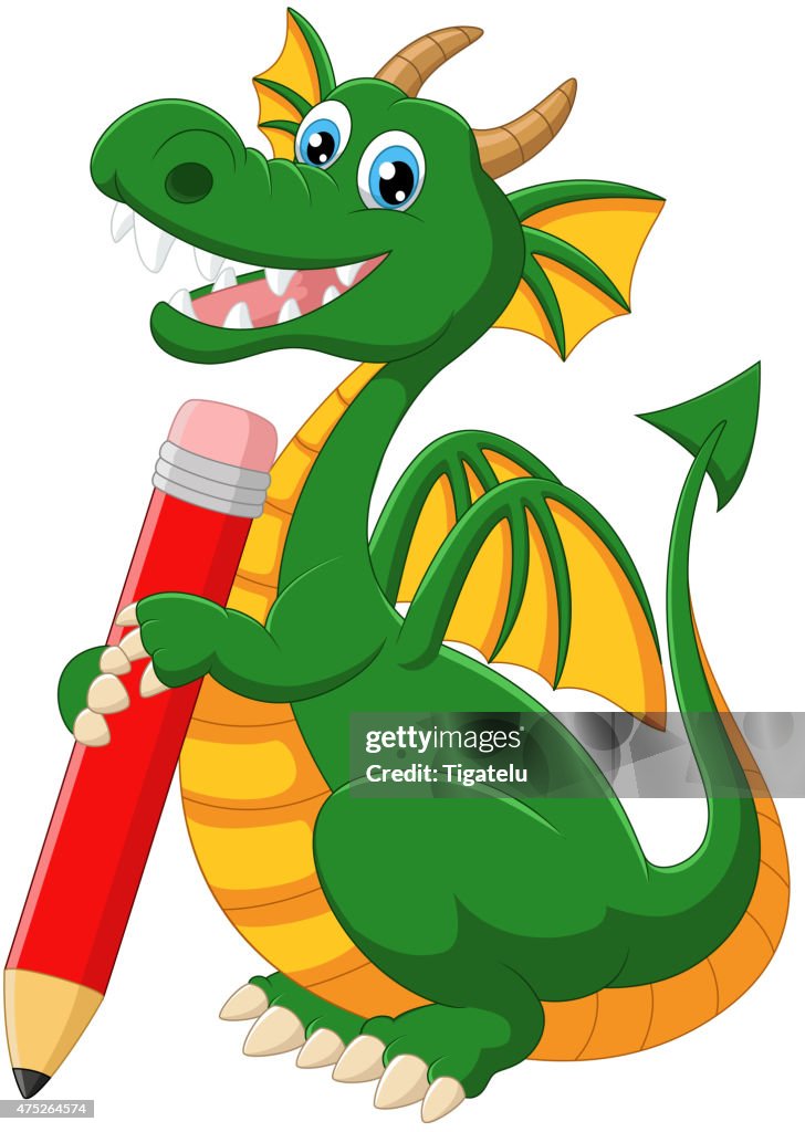  Dibujos Animados Sosteniendo Rojo Verde Dragon Lápiz Ilustración de stock