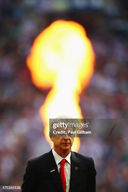 Arsene Wenger manager of Arsenal looks on prior to during the FA Cup Final between Aston Villa and Arsenal at Wembley Stadium on May 30, 2015 in...