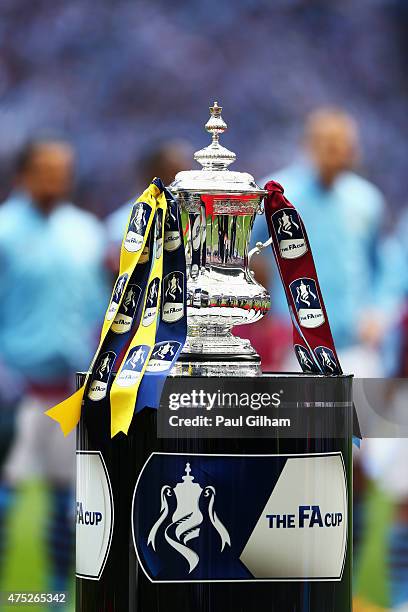 The FA Cup trophy sits on its plinth before the FA Cup Final between Aston Villa and Arsenal at Wembley Stadium on May 30, 2015 in London, England.