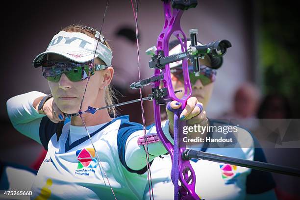 In this handout image provided by the World Archery Federation, Maja Marcen shoots during the compound women's gold final at Archery World Cup Stage...