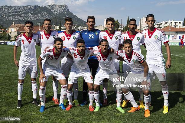 Achraf Bencharki of Morocco U21, Saad Ait Khorsa of Morocco U21, Aymane El Hassouni of Morocco U21, goalkeeper Ahmed Reda Tagnaouti of Morocco U21,...