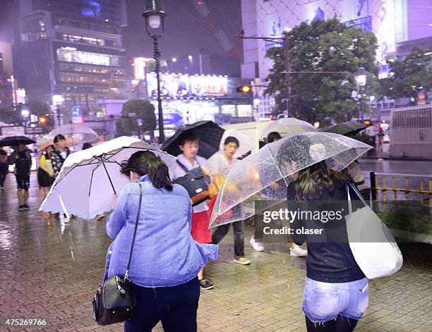 次回渋谷（ゼブラ柄）の交差点で夜の台風レイン - heavy rain ストックフォトと画像