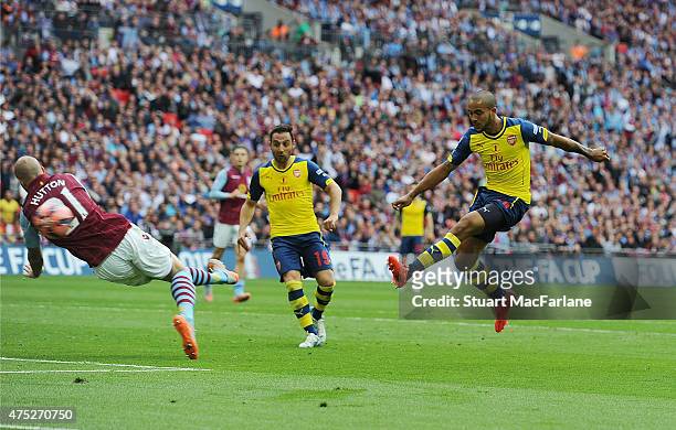 Theo Walcott shoots pastAston Villa defender Alan Hutton to score for Arsenal during the FA Cup Final between Aston Villa and Arsenal at Wembley...
