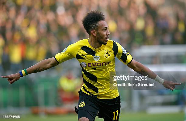 Pierre-Emerick Aubameyang of Dortmund celebrates after scoring his team's first goal during the DFB Cup Final match between Borussia Dortmund and VfL...