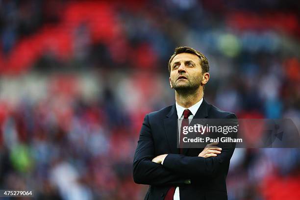 Tim Sherwood manager of Aston Villa looks dejected in defeat after the FA Cup Final between Aston Villa and Arsenal at Wembley Stadium on May 30,...