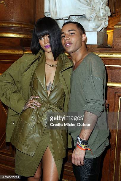 Rihanna and designer Olivier Rousteing attend the Balmain show as part of the Paris Fashion Week Womenswear Fall/Winter 2014-2015 on February 27,...