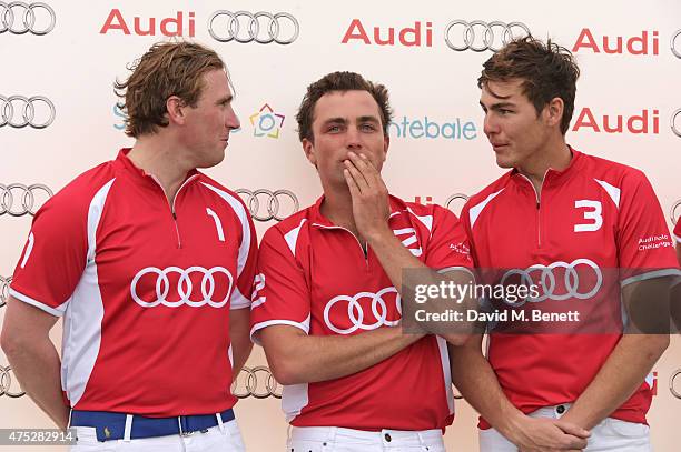 Jack Mann, Ollie Cudmore and Max Charlton of Team Quattro attend day one of the Audi Polo Challenge at Coworth Park on May 30, 2015 in London,...