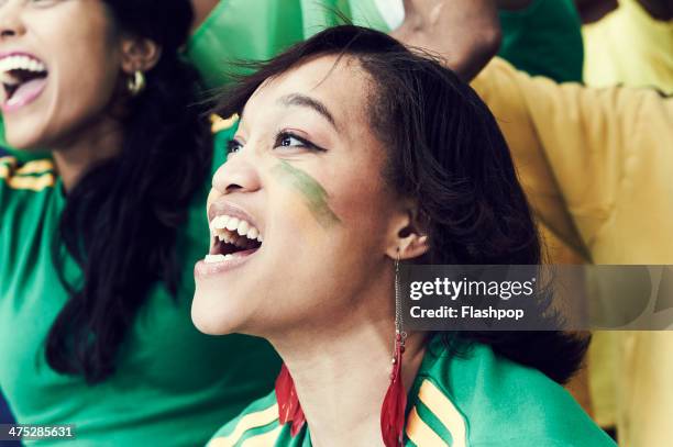 crowd of brazilian fans cheering - crowd cheering olympics stock pictures, royalty-free photos & images