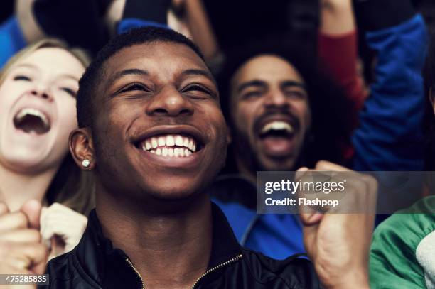 crowd of sports fans cheering - cheering stock pictures, royalty-free photos & images