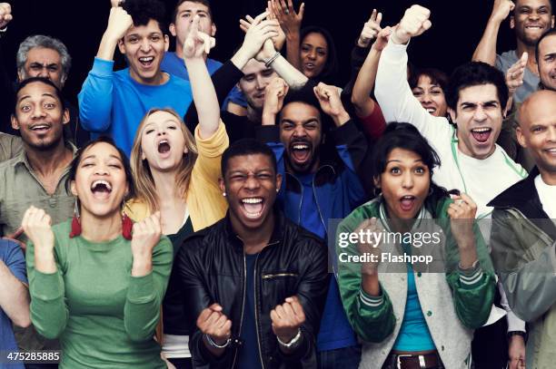 crowd of sports fans cheering - group of 20 stockfoto's en -beelden