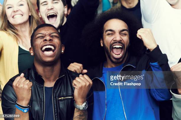 crowd of sports fans cheering - eccitazione foto e immagini stock