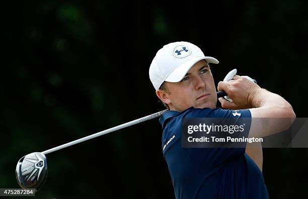 Jordan Spieth hits his tee shot on the first hole during Round Three of the AT&T Byron Nelson at the TPC Four Seasons Resort Las Colinas on May 30,...