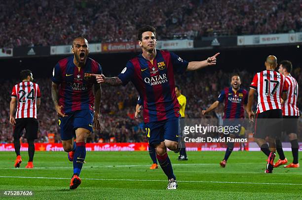 Lionel Messi of FC Barcelona celebrates after scoring the opening goal during the Copa del Rey Final match between FC Barcelona and Athletic Club at...
