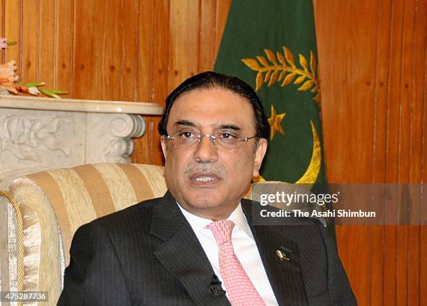 Pakistan President Asif Ali Zardari speaks during a group interview with Japanese media on Febraury 19, 2011 in Islamabad, Pakistan.