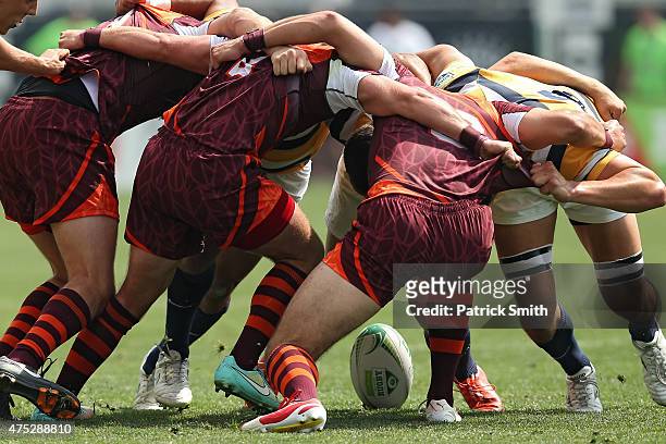 Scrum forms between University of California and Virginia Tech during Day 1 of the Penn Mutual Collegiate Rugby Championships at PPL Park on May 30,...