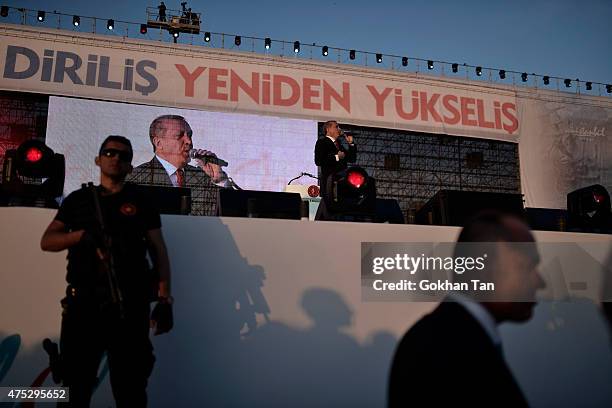 Turkey's President Tayyip Erdogan addresses his supporters during a ceremony to mark the 562nd anniversary of the conquest of the city by Ottoman...