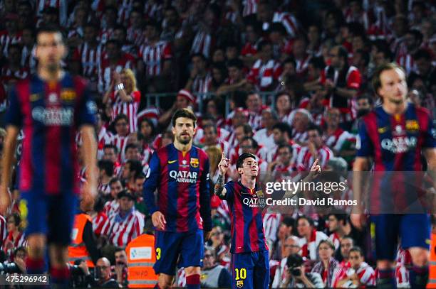 Lionel Messi of FC Barcelona celebrates after scoring his team's third goal the Copa del Rey Final match between FC Barcelona and Athletic Club at...