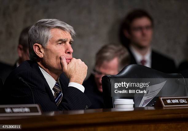 Sen. Mark Udall, D-Colo., listens to testimony during the Senate Armed Services Committee hearing on U.S. Central Command and U.S. Cyber Command...