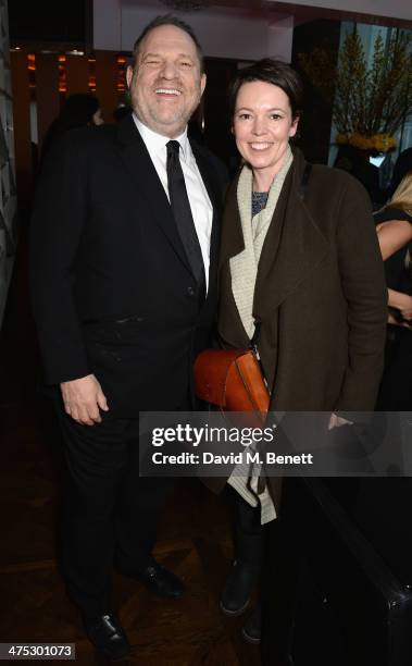 Harvey Weinstein and Olivia Colman attend a VIP screening of Harvey Weinstein's "Escape From Planet Earth" at The W Hotel on February 27, 2014 in...