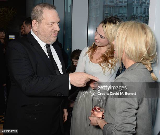 Harvey Weinstein, Lily James and Myanna Buring attend a VIP screening of Harvey Weinstein's "Escape From Planet Earth" at The W Hotel on February 27,...