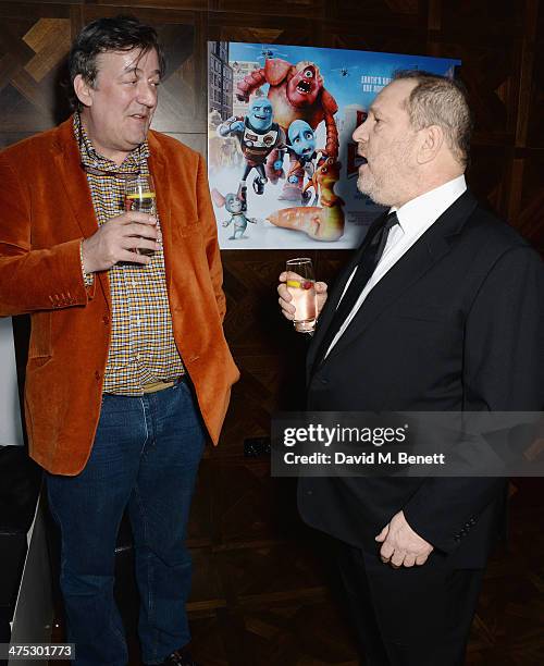 Stephen Fry and Harvey Weinstein attend a VIP screening of Harvey Weinstein's "Escape From Planet Earth" at The W Hotel on February 27, 2014 in...