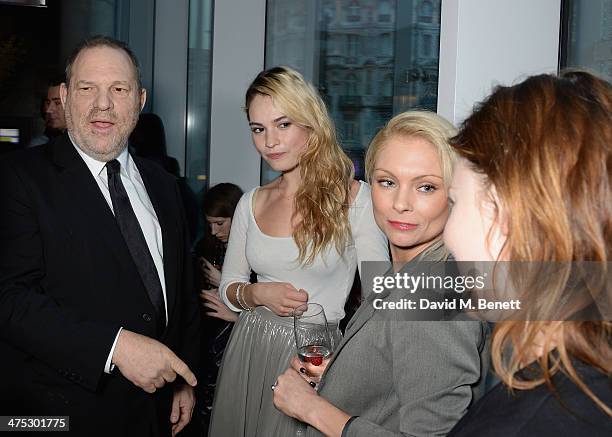 Harvey Weinstein, Lily James and Myanna Buring attend a VIP screening of Harvey Weinstein's "Escape From Planet Earth" at The W Hotel on February 27,...