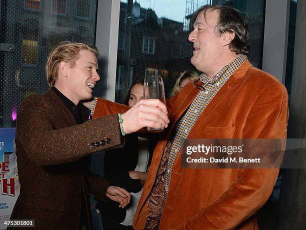 Freddie Fox and Stephen Fry attend a VIP screening of Harvey Weinstein's "Escape From Planet Earth" at The W Hotel on February 27, 2014 in London,...