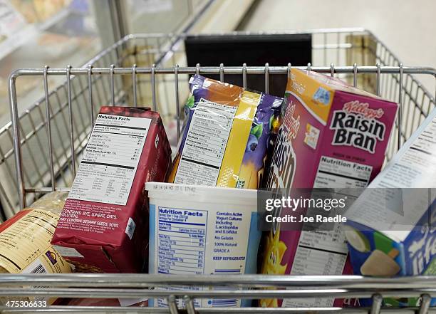 Nutrition labels are seen on food packaging on February 27, 2014 in Miami, Florida. The Food and Drug Administration is proposing several changes to...