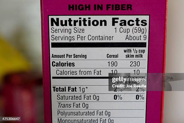 Nutrition labels are seen on food packaging on February 27, 2014 in Miami, Florida. The Food and Drug Administration is proposing several changes to...